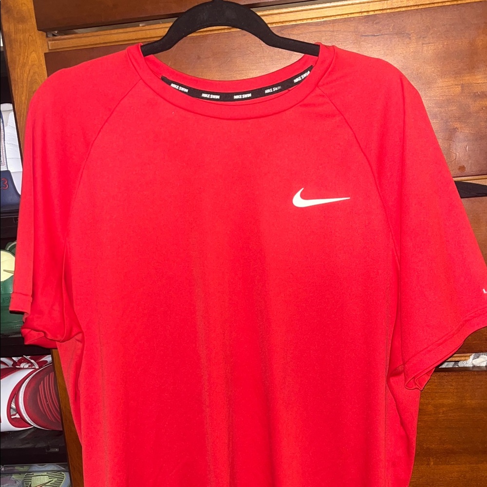 Nike Men's Red Short-Sleeve Athletic Tee with White Swoosh